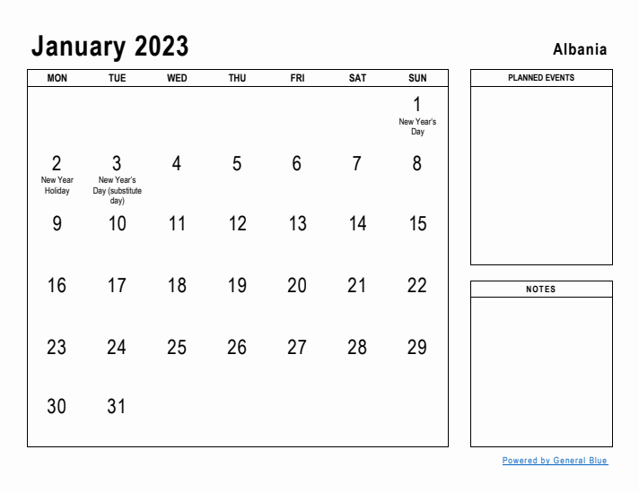 January 2023 Printable Monthly Calendar with Albania Holidays