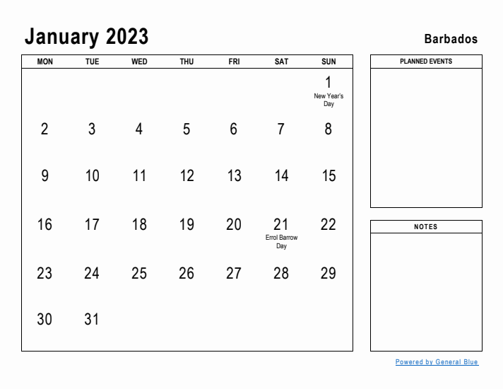 January 2023 Printable Monthly Calendar with Barbados Holidays