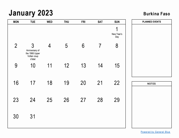 January 2023 Printable Monthly Calendar with Burkina Faso Holidays