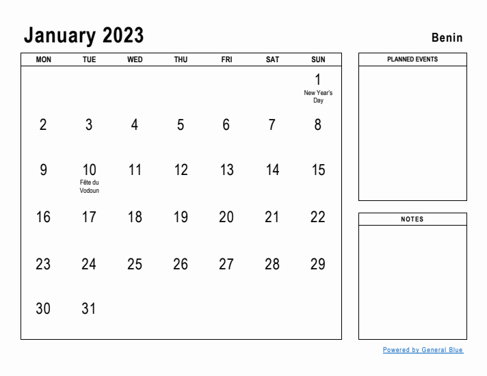 January 2023 Printable Monthly Calendar with Benin Holidays