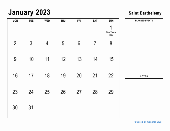 January 2023 Printable Monthly Calendar with Saint Barthelemy Holidays