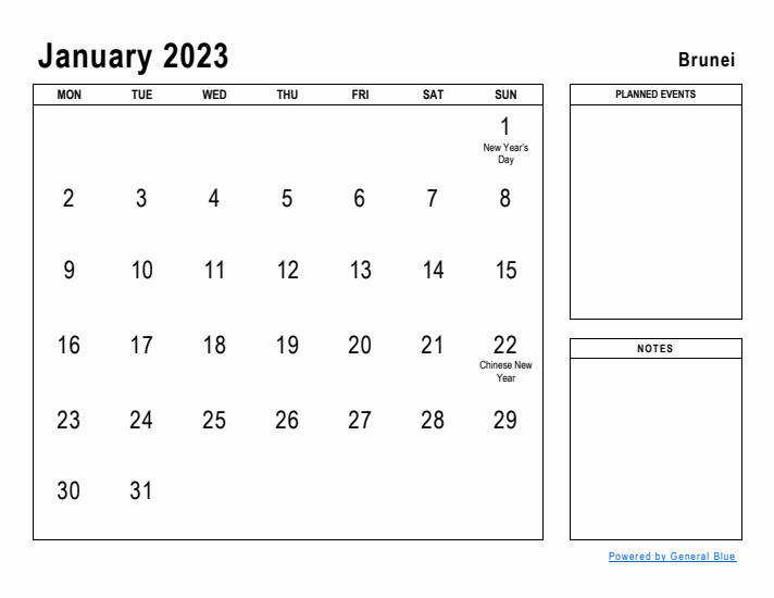 January 2023 Printable Monthly Calendar with Brunei Holidays