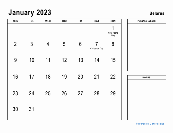 January 2023 Printable Monthly Calendar with Belarus Holidays