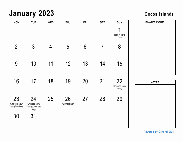 January 2023 Printable Monthly Calendar with Cocos Islands Holidays