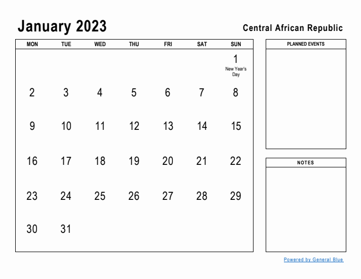 January 2023 Printable Monthly Calendar with Central African Republic Holidays