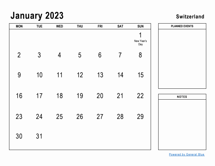 January 2023 Printable Monthly Calendar with Switzerland Holidays