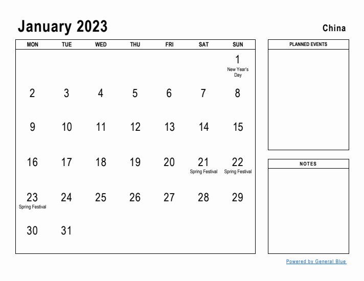 January 2023 Printable Monthly Calendar with China Holidays