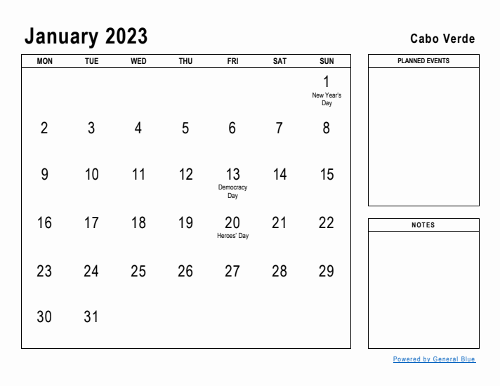 January 2023 Printable Monthly Calendar with Cabo Verde Holidays