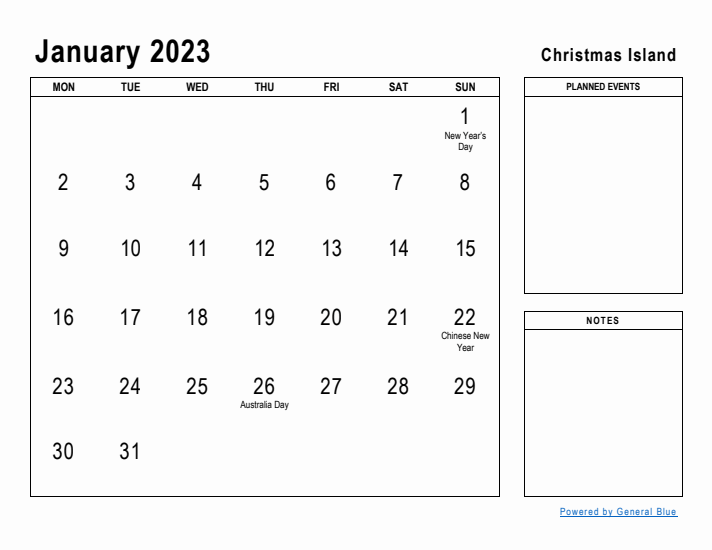 January 2023 Printable Monthly Calendar with Christmas Island Holidays