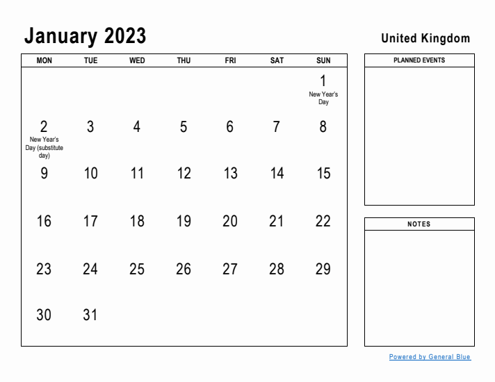 January 2023 Printable Monthly Calendar with United Kingdom Holidays