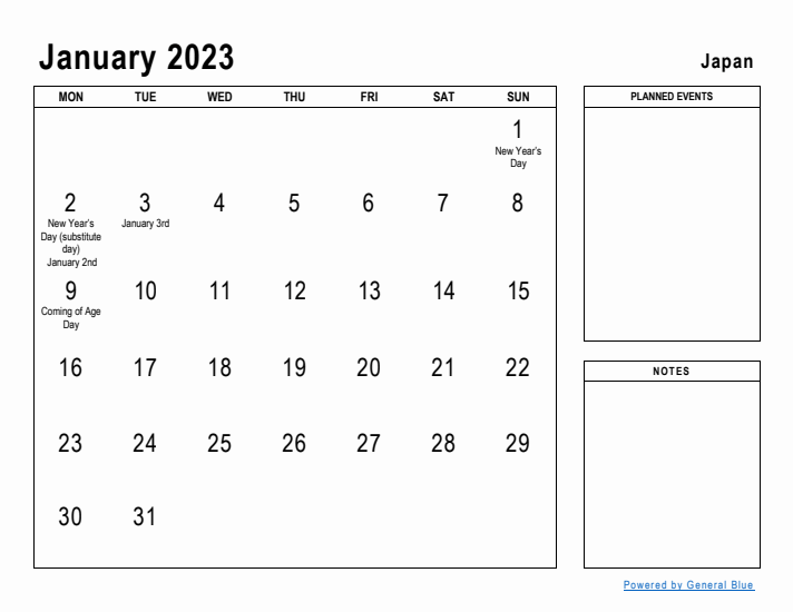 January 2023 Printable Monthly Calendar with Japan Holidays