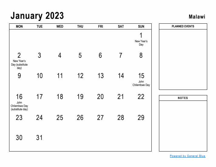 January 2023 Printable Monthly Calendar with Malawi Holidays