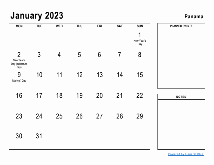 January 2023 Printable Monthly Calendar with Panama Holidays