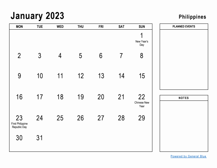 January 2023 Printable Monthly Calendar with Philippines Holidays