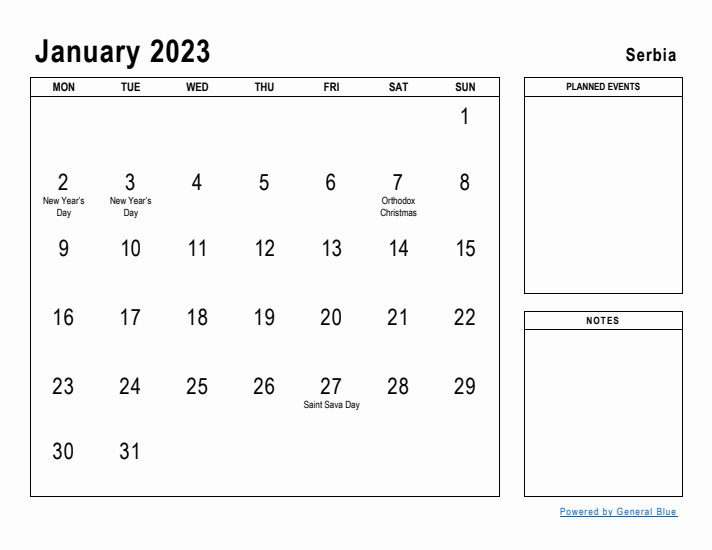 January 2023 Printable Monthly Calendar with Serbia Holidays