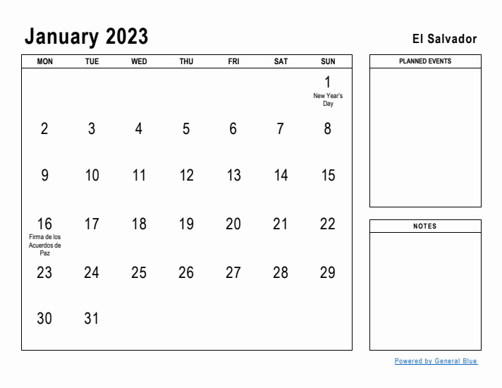 January 2023 Printable Monthly Calendar with El Salvador Holidays