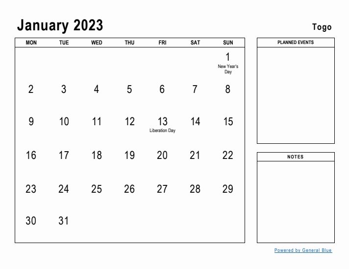 January 2023 Printable Monthly Calendar with Togo Holidays