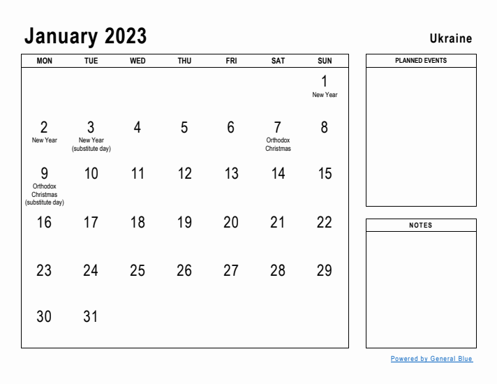 January 2023 Printable Monthly Calendar with Ukraine Holidays