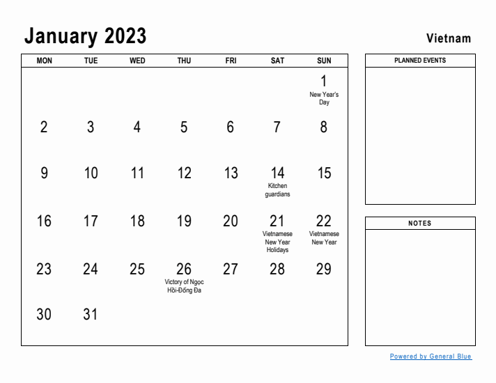 January 2023 Printable Monthly Calendar with Vietnam Holidays