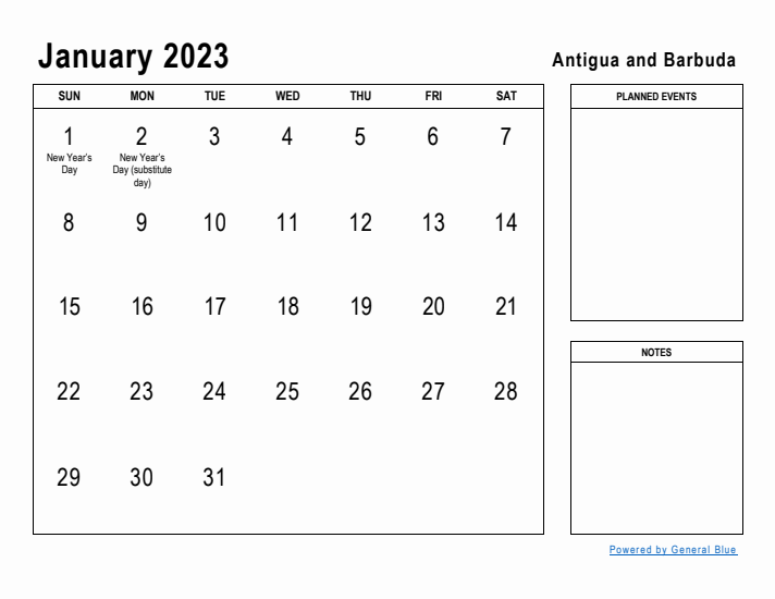 January 2023 Printable Monthly Calendar with Antigua and Barbuda Holidays