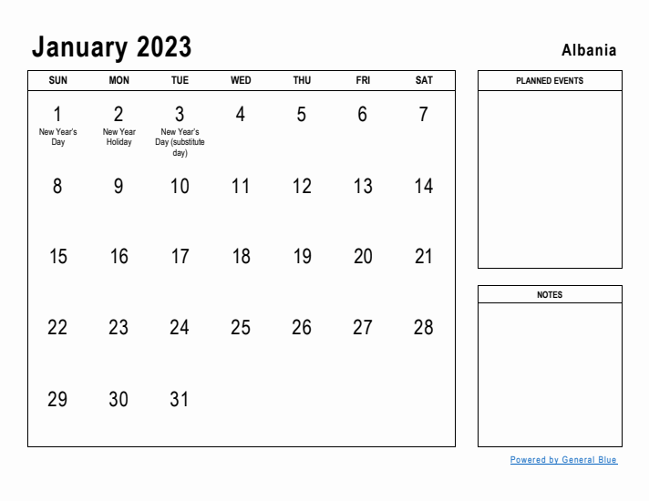 January 2023 Printable Monthly Calendar with Albania Holidays