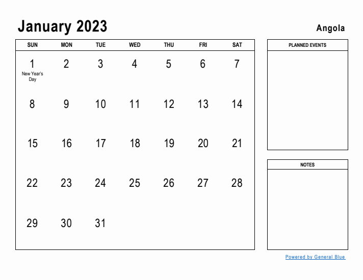 January 2023 Printable Monthly Calendar with Angola Holidays