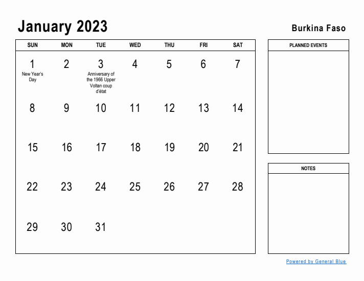 January 2023 Printable Monthly Calendar with Burkina Faso Holidays