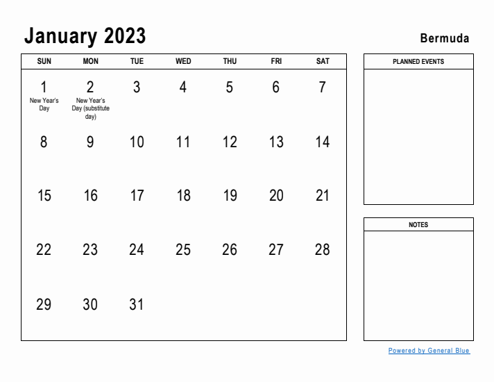 January 2023 Printable Monthly Calendar with Bermuda Holidays