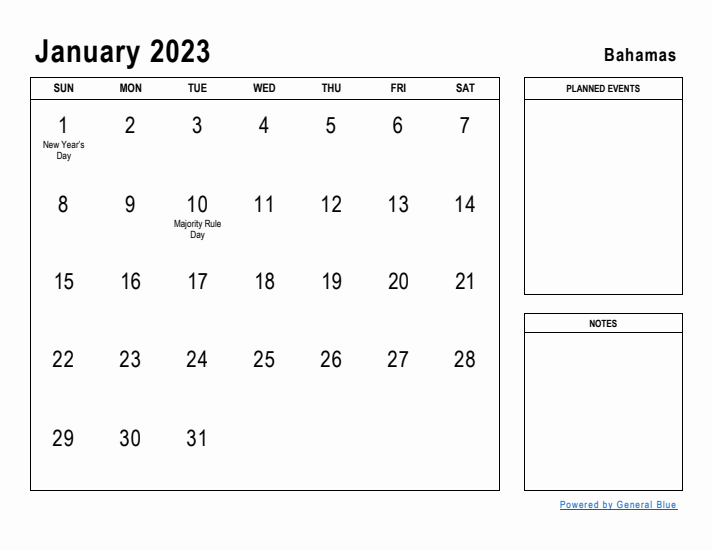 January 2023 Printable Monthly Calendar with Bahamas Holidays