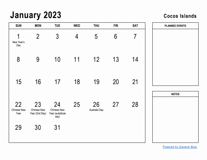 January 2023 Printable Monthly Calendar with Cocos Islands Holidays