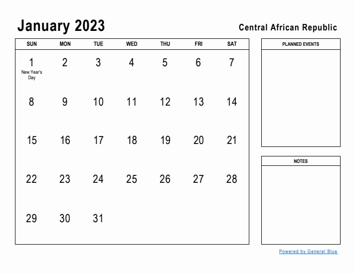 January 2023 Printable Monthly Calendar with Central African Republic Holidays