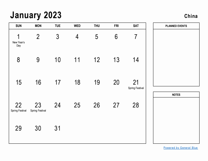 January 2023 Printable Monthly Calendar with China Holidays