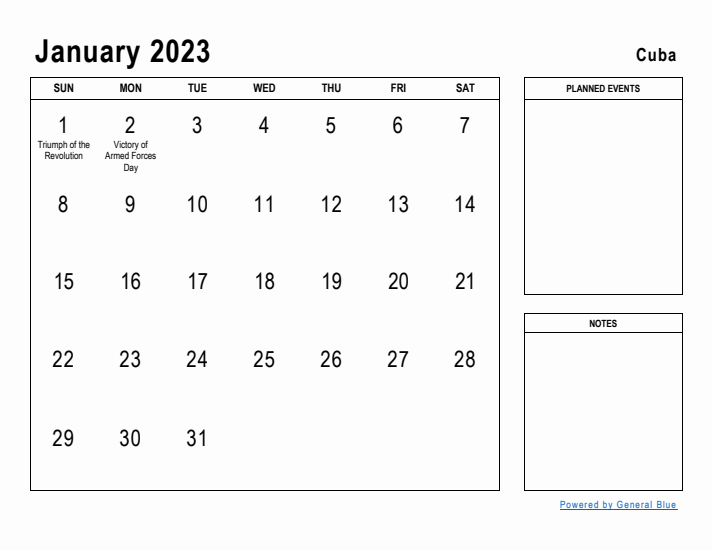 January 2023 Printable Monthly Calendar with Cuba Holidays