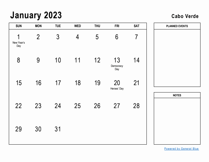 January 2023 Printable Monthly Calendar with Cabo Verde Holidays