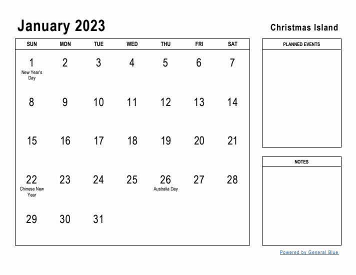 January 2023 Printable Monthly Calendar with Christmas Island Holidays