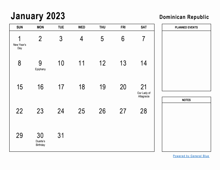 January 2023 Printable Monthly Calendar with Dominican Republic Holidays