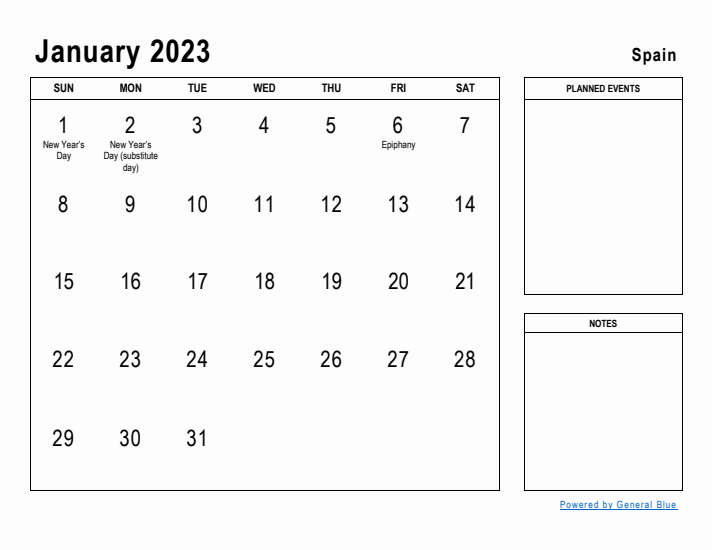 January 2023 Printable Monthly Calendar with Spain Holidays