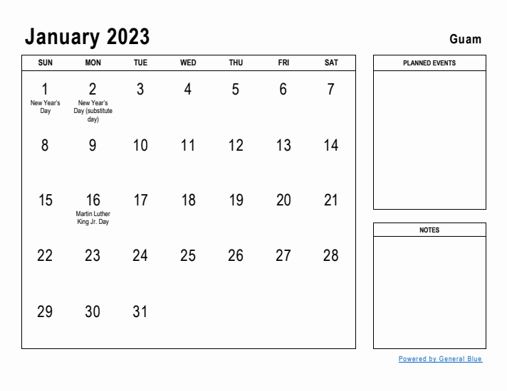 January 2023 Printable Monthly Calendar with Guam Holidays