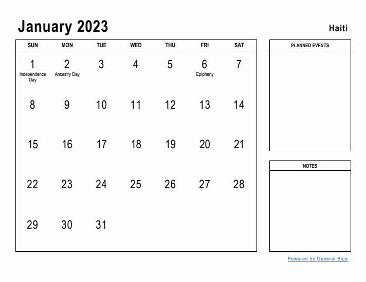 January 2023 Printable Monthly Calendar with Haiti Holidays