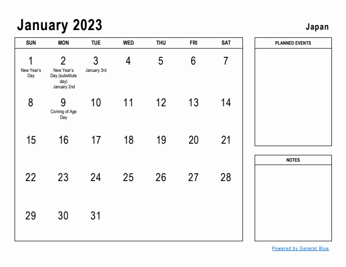 January 2023 Printable Monthly Calendar with Japan Holidays