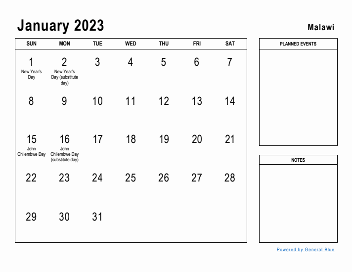 January 2023 Printable Monthly Calendar with Malawi Holidays