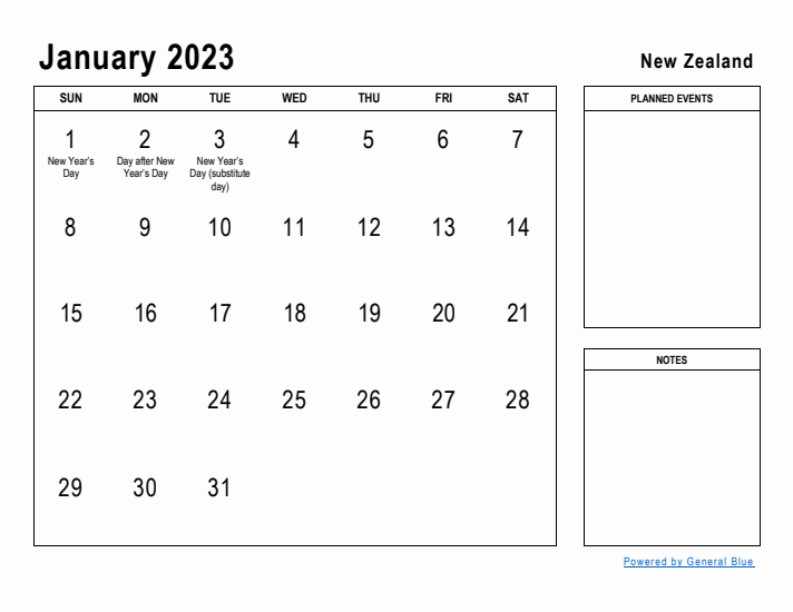 January 2023 Printable Monthly Calendar with New Zealand Holidays