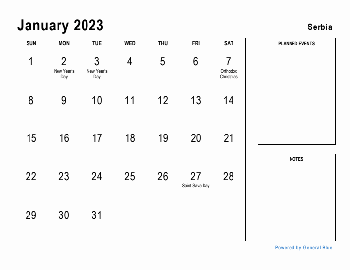 January 2023 Printable Monthly Calendar with Serbia Holidays