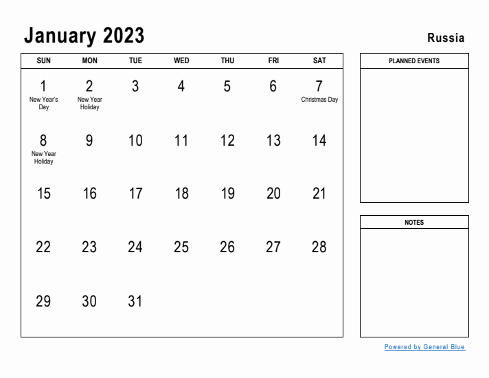 January 2023 Printable Monthly Calendar with Russia Holidays