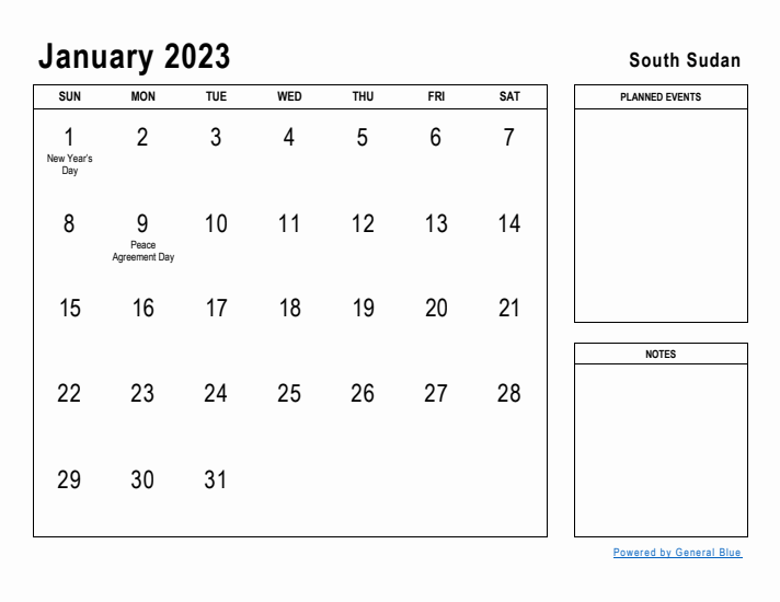 January 2023 Printable Monthly Calendar with South Sudan Holidays