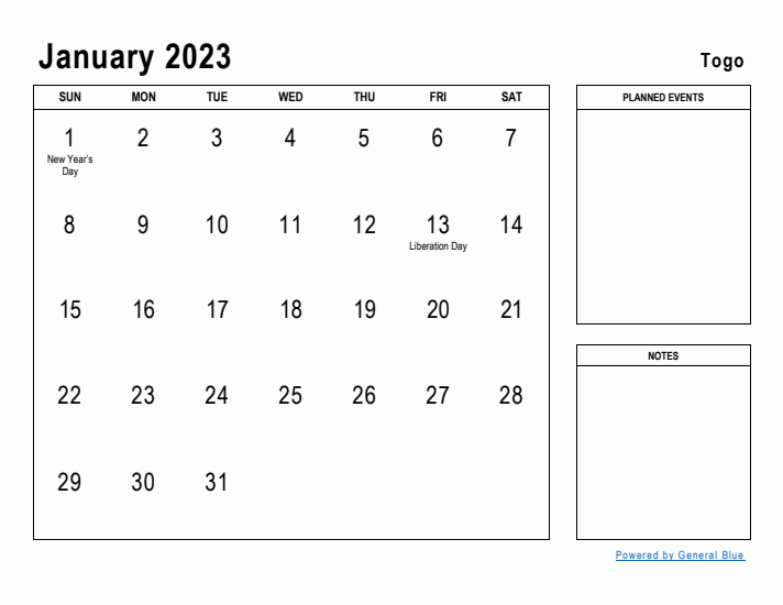 January 2023 Printable Monthly Calendar with Togo Holidays