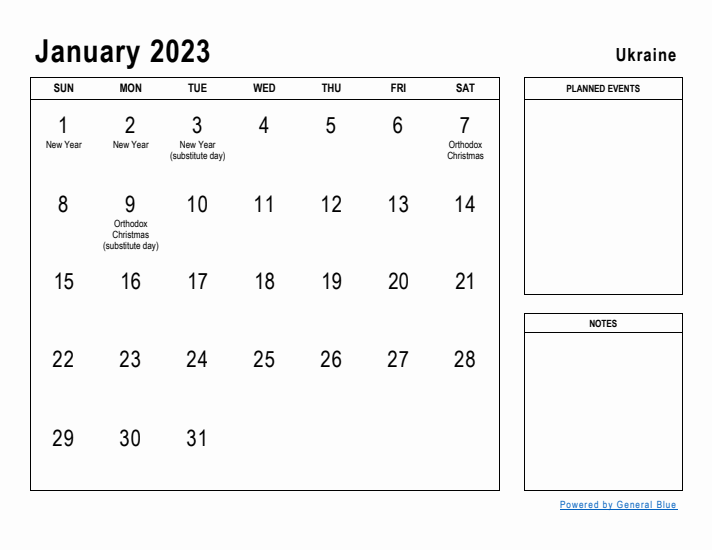 January 2023 Printable Monthly Calendar with Ukraine Holidays