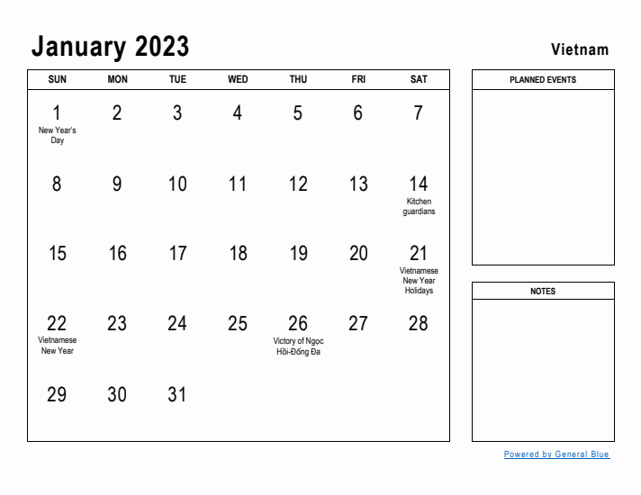 January 2023 Printable Monthly Calendar with Vietnam Holidays