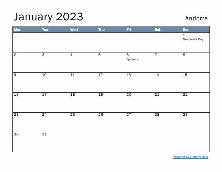 January 2023 Simple Monthly Calendar for Andorra