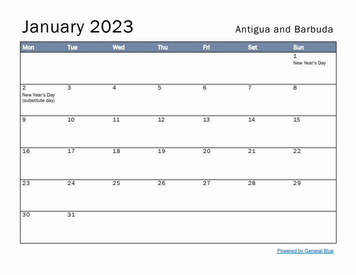 January 2023 Simple Monthly Calendar for Antigua and Barbuda